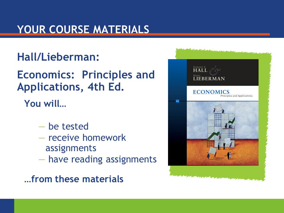 YOUR COURSE MATERIALS Hall/Lieberman: Economics: Principles and Applications, 4th Ed.