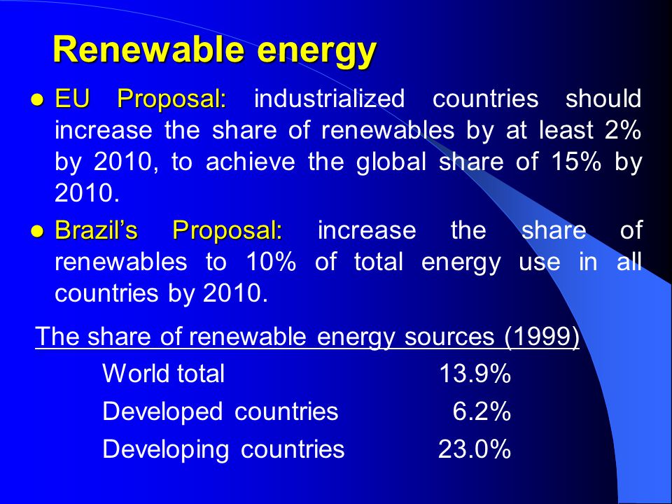 Renewable energy EU Proposal: EU Proposal: industrialized countries should increase the share of renewables by at least 2% by 2010, to achieve the global share of 15% by 2010.