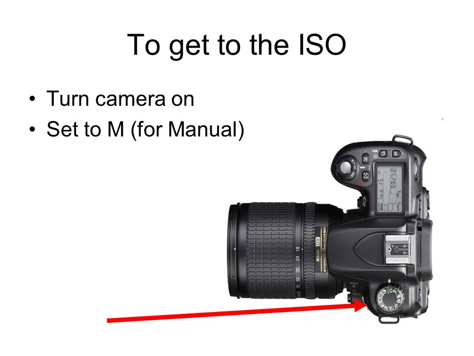 To get to the ISO Turn camera on Set to M (for Manual)