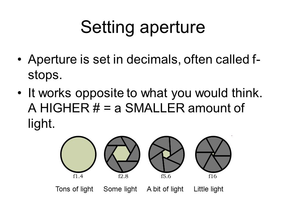 Setting aperture Aperture is set in decimals, often called f- stops.
