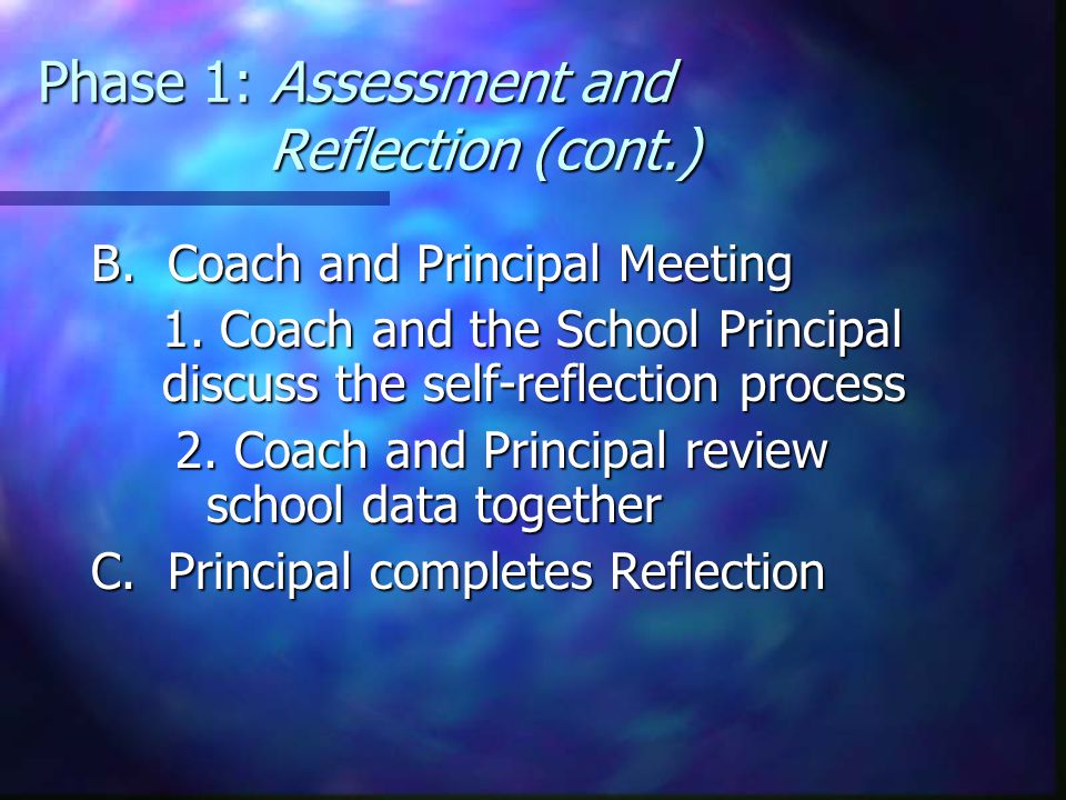 Phase 1: Assessment and Reflection (cont.) B. Coach and Principal Meeting 1.