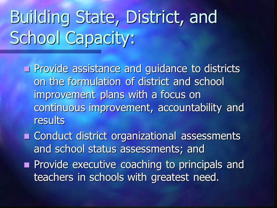 Building State, District, and School Capacity: Provide assistance and guidance to districts on the formulation of district and school improvement plans with a focus on continuous improvement, accountability and results Provide assistance and guidance to districts on the formulation of district and school improvement plans with a focus on continuous improvement, accountability and results Conduct district organizational assessments and school status assessments; and Conduct district organizational assessments and school status assessments; and Provide executive coaching to principals and teachers in schools with greatest need.
