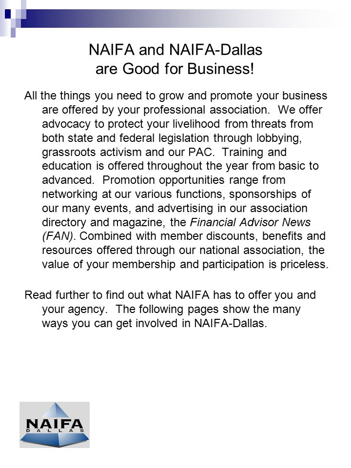 NAIFA and NAIFA-Dallas are Good for Business.