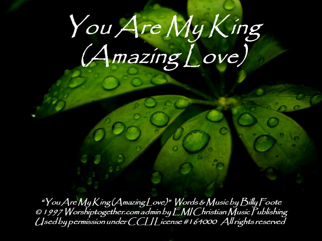 You Are My King (Amazing Love) You Are My King (Amazing Love) Words & Music by Billy Foote © 1997 Worshiptogether.com admin by EMI Christian Music Publishing Used by permission under CCLI License # All rights reserved