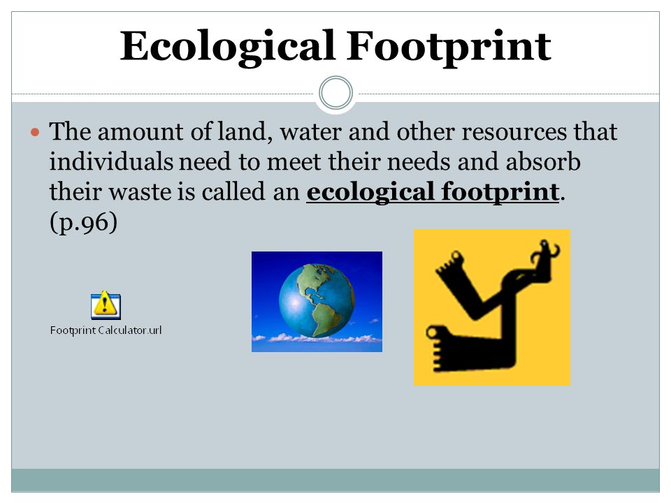 Ecological Footprint The amount of land, water and other resources that individuals need to meet their needs and absorb their waste is called an ecological footprint.