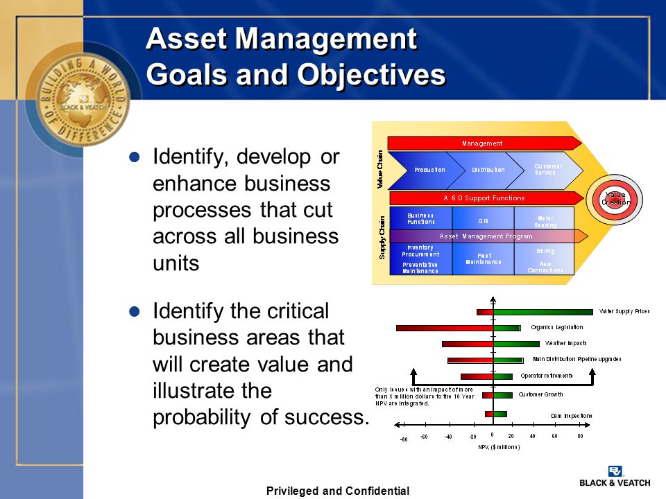 Privileged and Confidential Asset Management Goals and Objectives l Identify, develop or enhance business processes that cut across all business units l Identify the critical business areas that will create value and illustrate the probability of success.