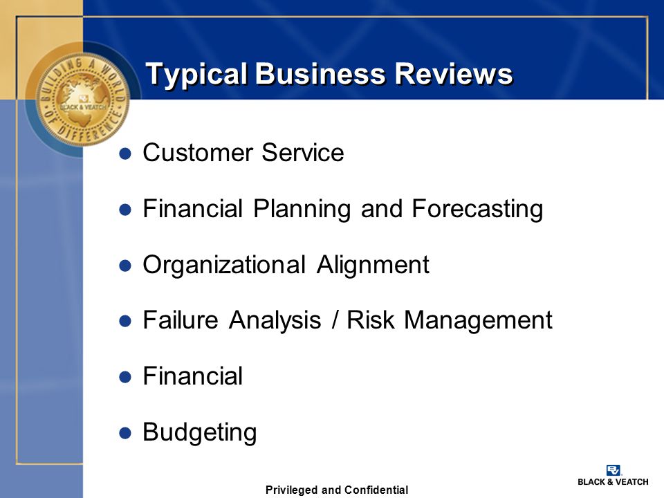 Privileged and Confidential Typical Business Reviews l Customer Service l Financial Planning and Forecasting l Organizational Alignment l Failure Analysis / Risk Management l Financial l Budgeting
