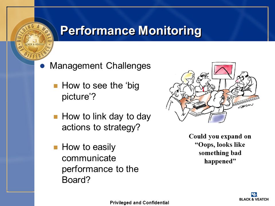 Privileged and Confidential Performance Monitoring l Management Challenges n How to see the ‘big picture’.