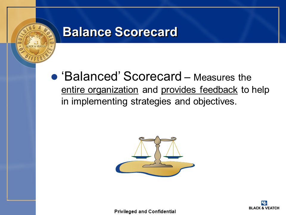 Privileged and Confidential Balance Scorecard l ‘Balanced’ Scorecard – Measures the entire organization and provides feedback to help in implementing strategies and objectives.