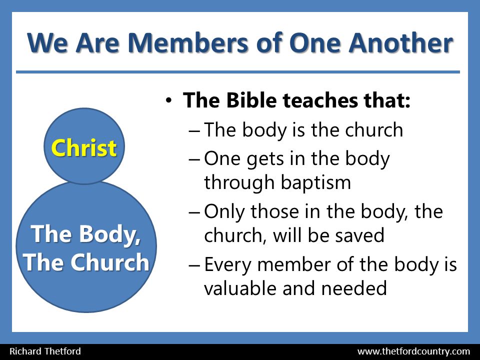 We Are Members of One Another The Bible teaches that: – The body is the church – One gets in the body through baptism – Only those in the body, the church, will be saved – Every member of the body is valuable and needed Richard Thetford   Christ The Body, The Church