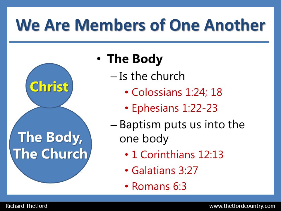 We Are Members of One Another The Body – Is the church Colossians 1:24; 18 Ephesians 1:22-23 – Baptism puts us into the one body 1 Corinthians 12:13 Galatians 3:27 Romans 6:3 Richard Thetford   Christ The Body, The Church