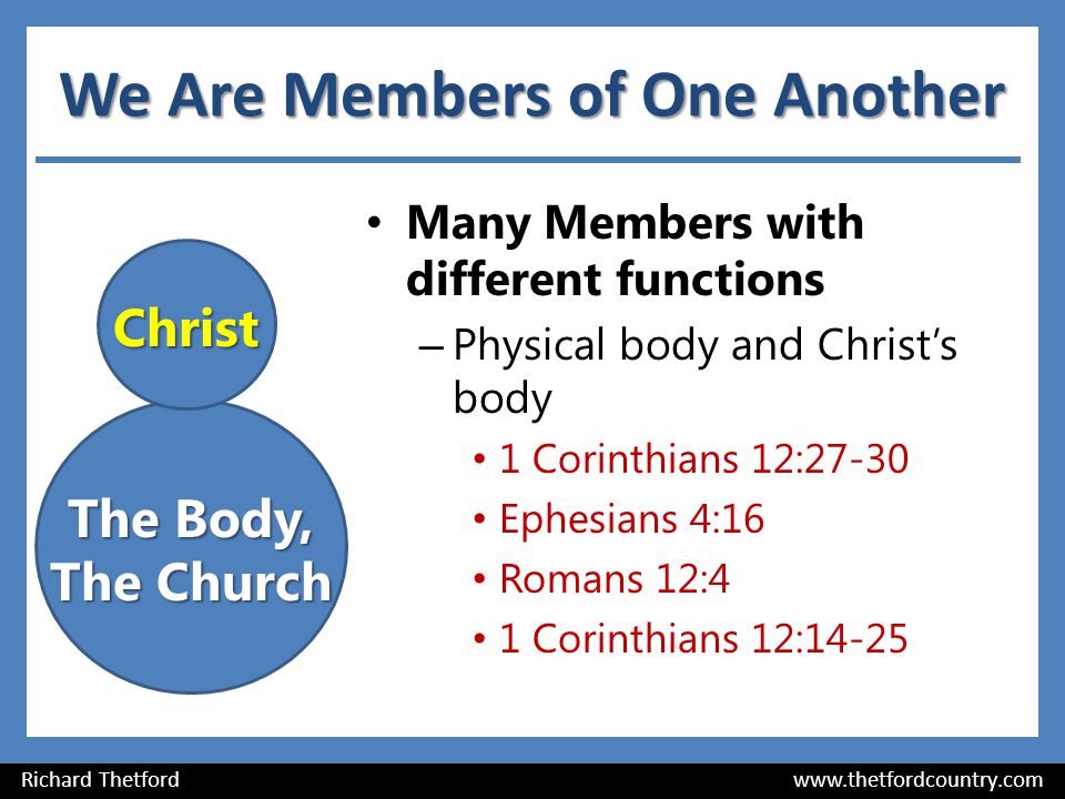 We Are Members of One Another Many Members with different functions – Physical body and Christ’s body 1 Corinthians 12:27-30 Ephesians 4:16 Romans 12:4 1 Corinthians 12:14-25 Richard Thetford   Christ The Body, The Church