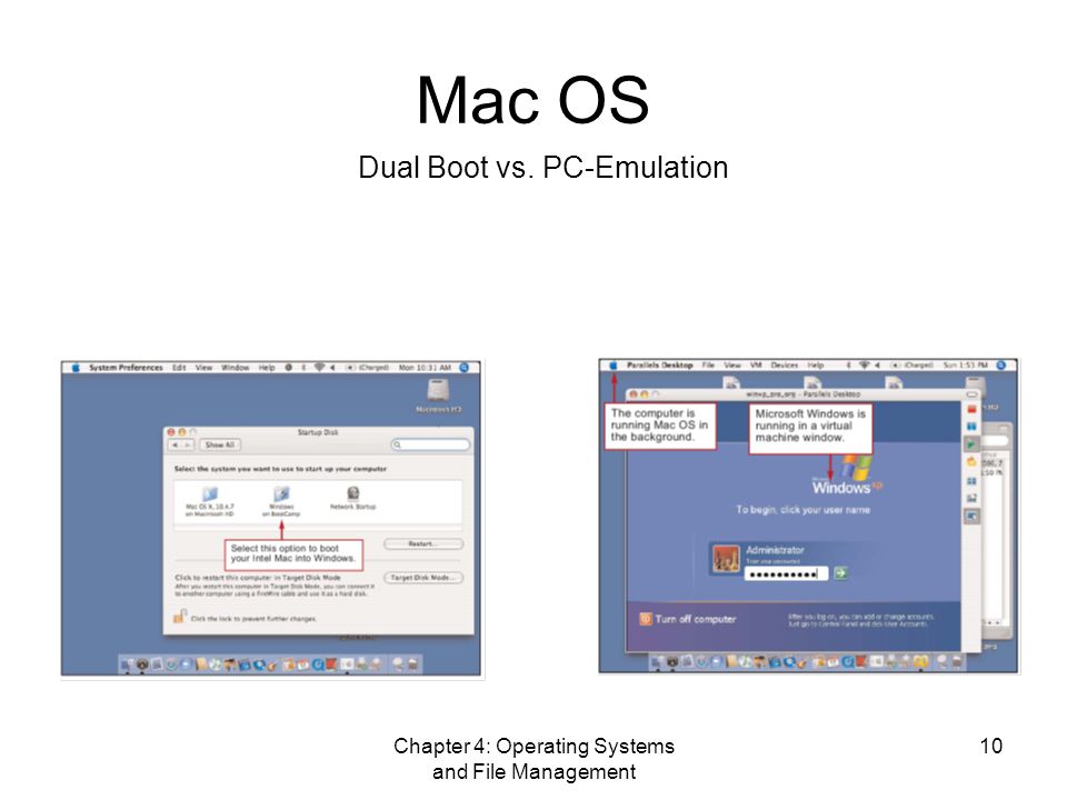 Chapter 4: Operating Systems and File Management 10 Mac OS Dual Boot vs. PC-Emulation