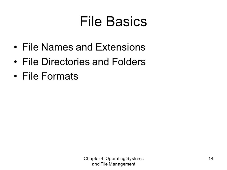 Chapter 4: Operating Systems and File Management 14 File Basics File Names and Extensions File Directories and Folders File Formats