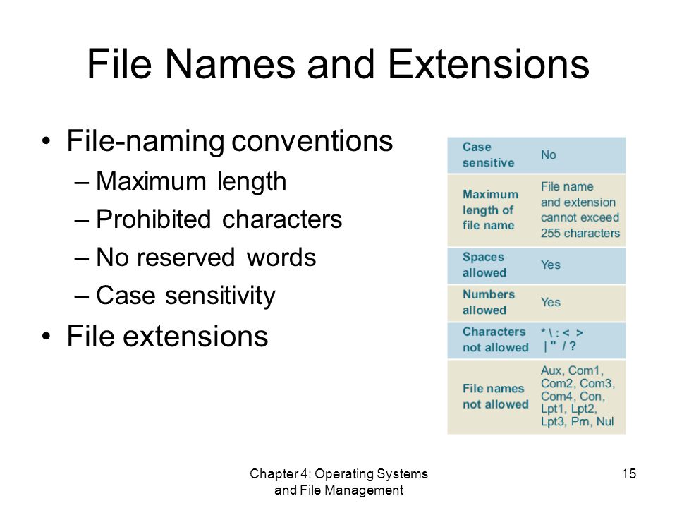 Chapter 4: Operating Systems and File Management 15 File Names and Extensions File-naming conventions –Maximum length –Prohibited characters –No reserved words –Case sensitivity File extensions