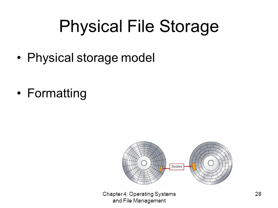 Chapter 4: Operating Systems and File Management 28 Physical File Storage Physical storage model Formatting