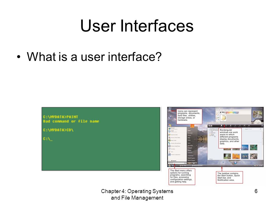 Chapter 4: Operating Systems and File Management 6 User Interfaces What is a user interface