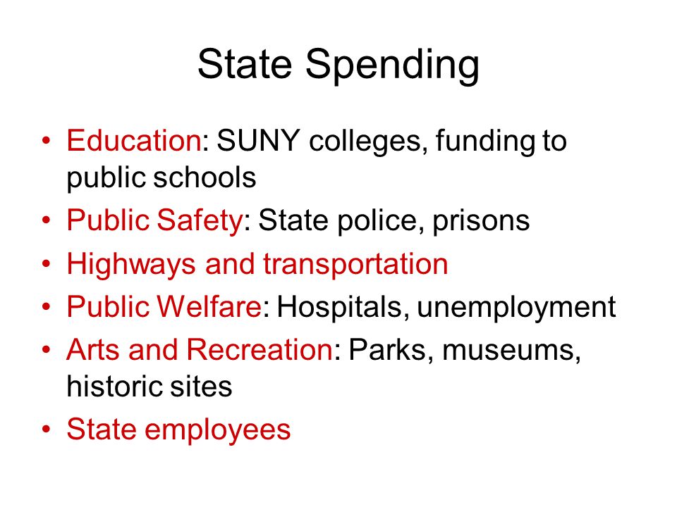 State Spending Education: SUNY colleges, funding to public schools Public Safety: State police, prisons Highways and transportation Public Welfare: Hospitals, unemployment Arts and Recreation: Parks, museums, historic sites State employees