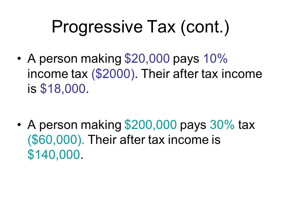 Progressive Tax (cont.) A person making $20,000 pays 10% income tax ($2000).