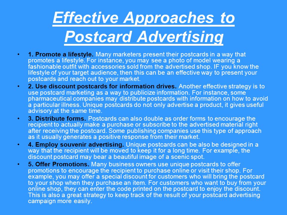 Effective Approaches to Postcard Advertising 1. Promote a lifestyle.