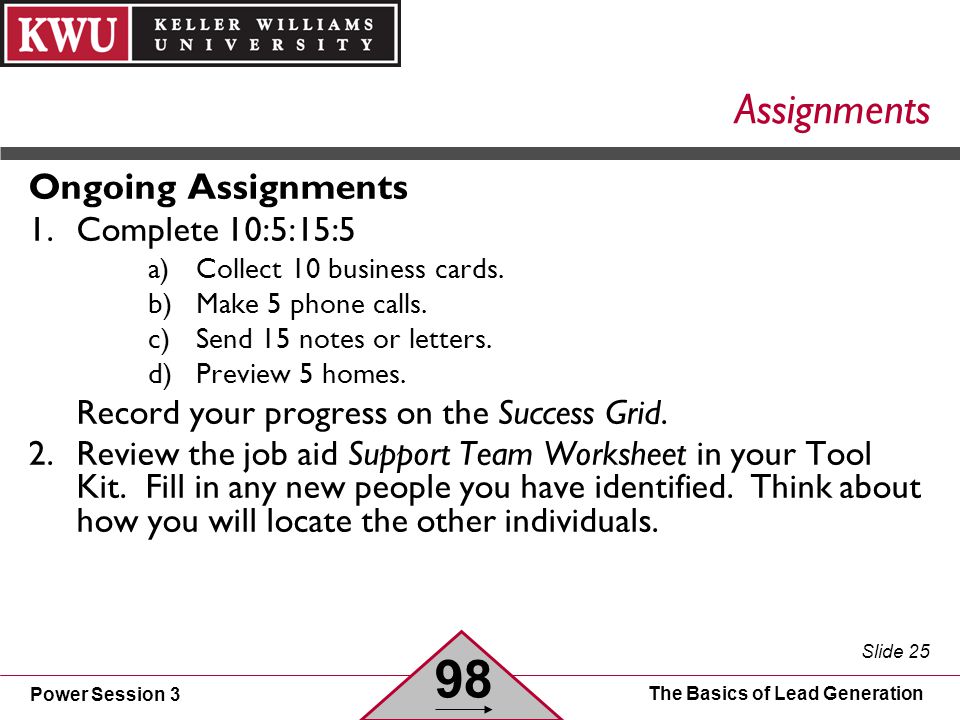 Power Session 3 Slide 25 The Basics of Lead Generation Assignments Ongoing Assignments 1.Complete 10:5:15:5 a)Collect 10 business cards.
