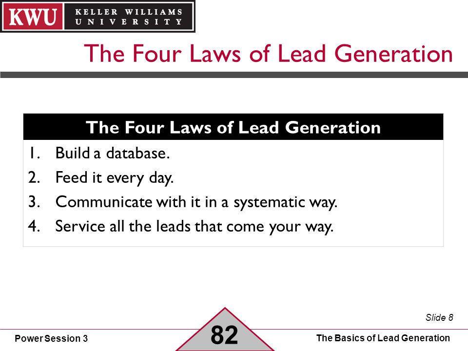 Power Session 3 Slide 8 The Basics of Lead Generation The Four Laws of Lead Generation 82 The Four Laws of Lead Generation 1.Build a database.