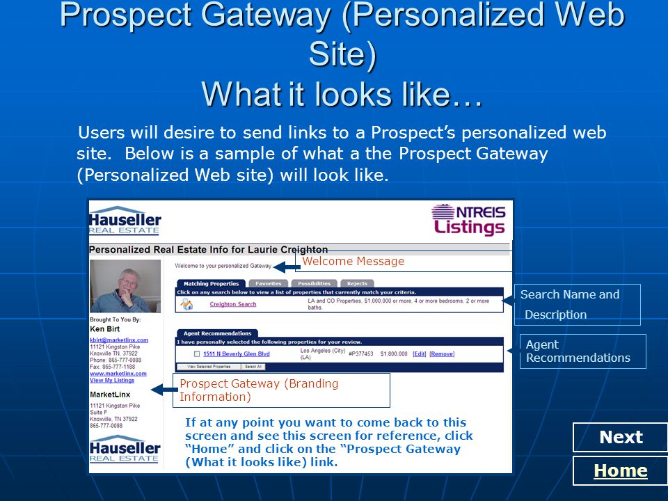 Prospect Gateway (Personalized Web Site) What it looks like… Users will desire to send links to a Prospect’s personalized web site.