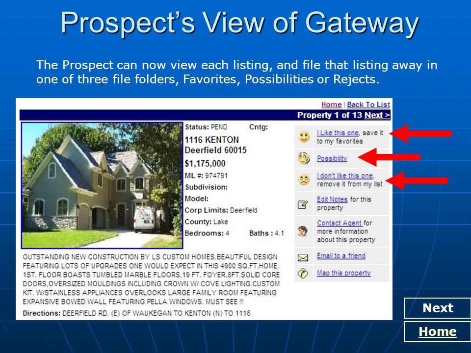 Prospect’s View of Gateway Next Home The Prospect can now view each listing, and file that listing away in one of three file folders, Favorites, Possibilities or Rejects.