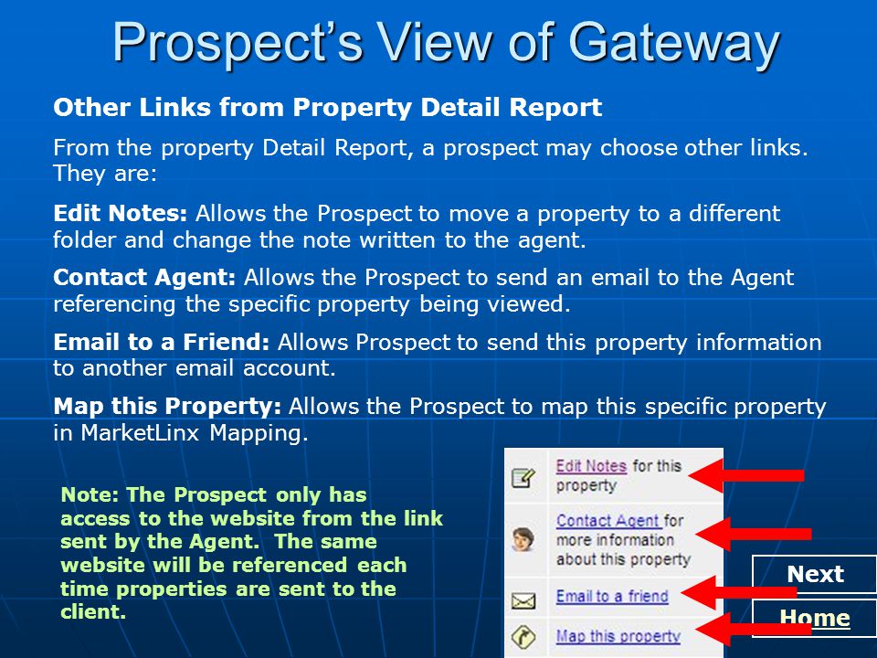 Prospect’s View of Gateway Next Home Other Links from Property Detail Report From the property Detail Report, a prospect may choose other links.