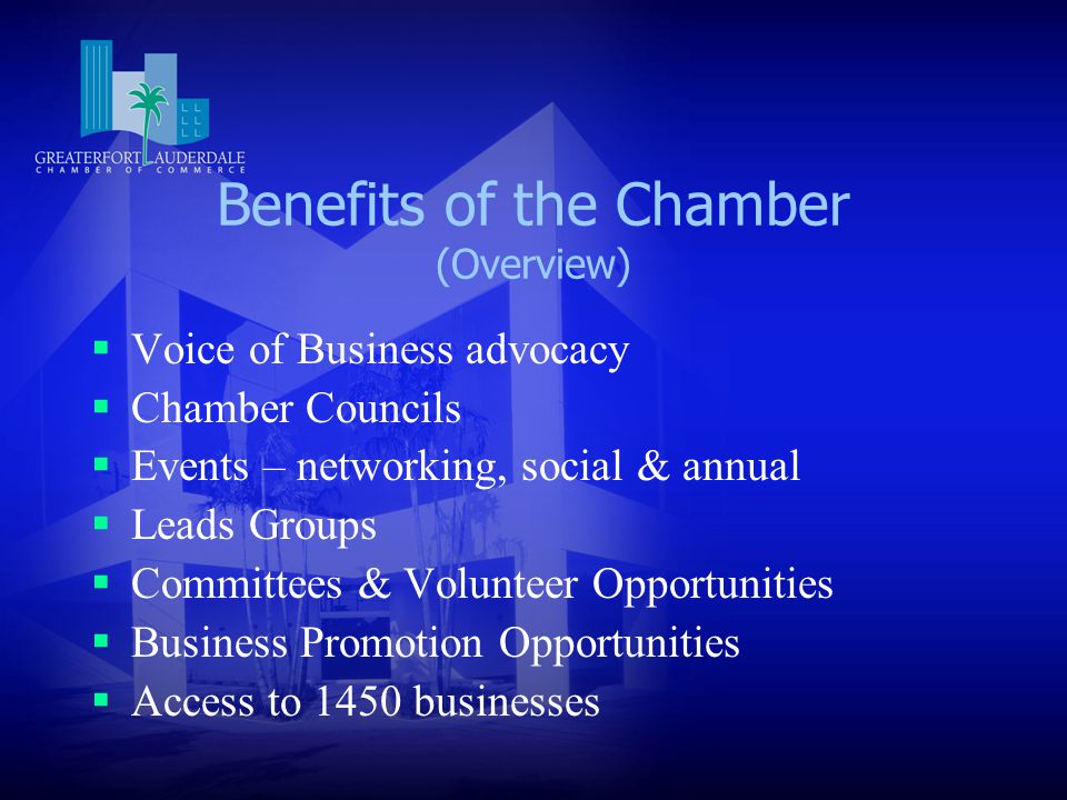 Benefits of the Chamber (Overview)  Voice of Business advocacy  Chamber Councils  Events – networking, social & annual  Leads Groups  Committees & Volunteer Opportunities  Business Promotion Opportunities  Access to 1450 businesses