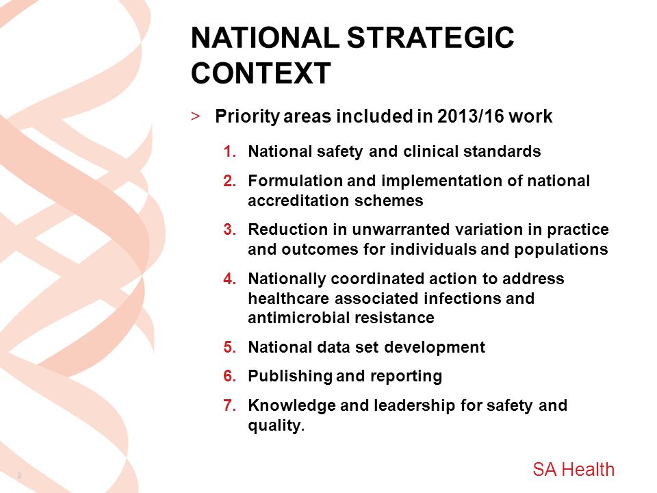 SA Health NATIONAL STRATEGIC CONTEXT >Priority areas included in 2013/16 work 1.National safety and clinical standards 2.Formulation and implementation of national accreditation schemes 3.Reduction in unwarranted variation in practice and outcomes for individuals and populations 4.Nationally coordinated action to address healthcare associated infections and antimicrobial resistance 5.National data set development 6.Publishing and reporting 7.Knowledge and leadership for safety and quality.