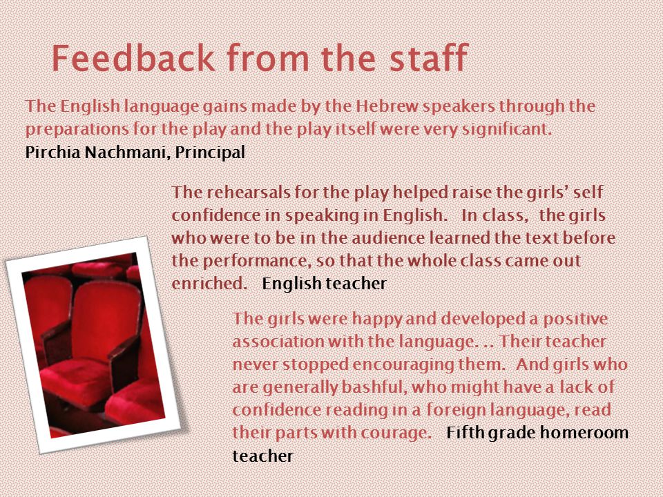 Feedback from the staff The English language gains made by the Hebrew speakers through the preparations for the play and the play itself were very significant.