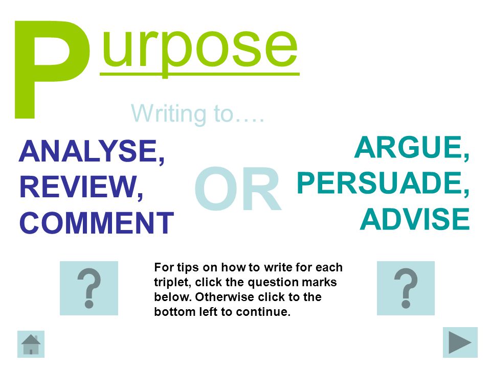 P urpose ANALYSE, REVIEW, COMMENT ARGUE, PERSUADE, ADVISE Writing to….
