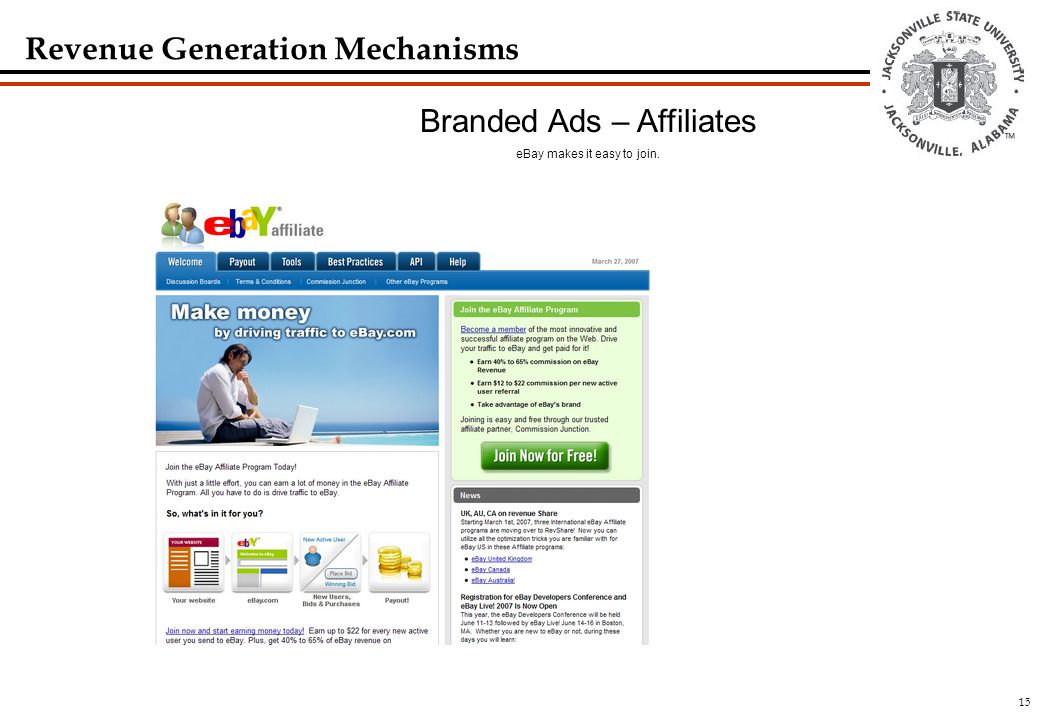 15 Revenue Generation Mechanisms Branded Ads – Affiliates eBay makes it easy to join.
