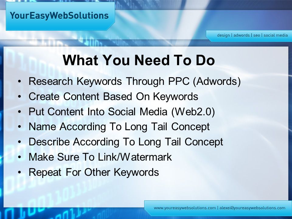 What You Need To Do Research Keywords Through PPC (Adwords) Create Content Based On Keywords Put Content Into Social Media (Web2.0) Name According To Long Tail Concept Describe According To Long Tail Concept Make Sure To Link/Watermark Repeat For Other Keywords