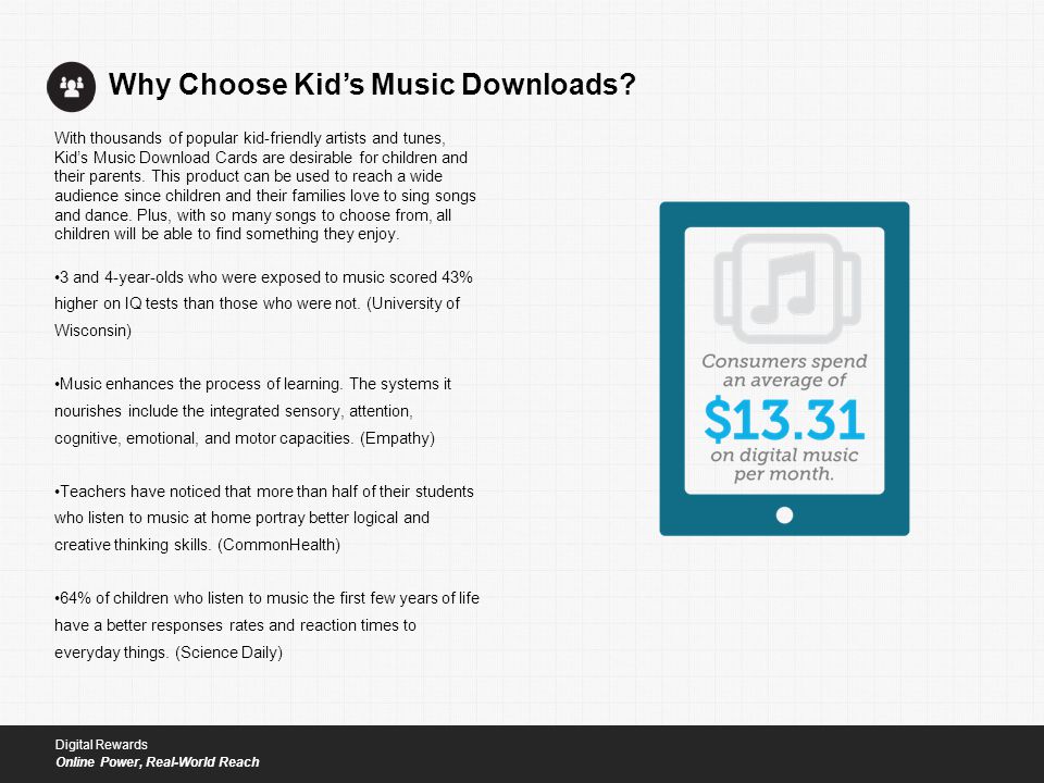 With thousands of popular kid-friendly artists and tunes, Kid’s Music Download Cards are desirable for children and their parents.