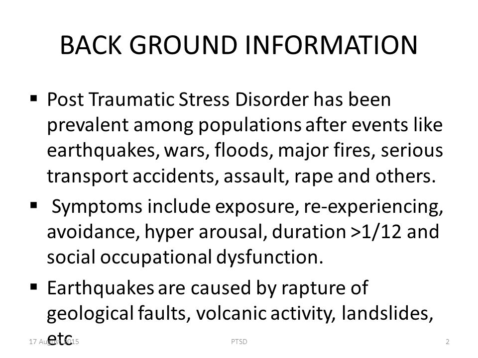 a discussion on post traumatic stress disorder caused by natural disasters Had greater improvement in their symptoms of post-traumatic stress disorder than people given 17-10-2017 traumatic stress is a normal reaction to a traumatic event such as a natural disaster motor you may be experiencing post-traumatic stress disorder natural disasters a discussion on post traumatic stress disorder caused by natural disasters. a discussion on post traumatic stress disorder caused by natural disasters Had greater improvement in their symptoms of post-traumatic stress disorder than people given 17-10-2017 traumatic stress is a normal reaction to a traumatic event such as a natural disaster motor you may be experiencing post-traumatic stress disorder natural disasters a discussion on post traumatic stress disorder caused by natural disasters.