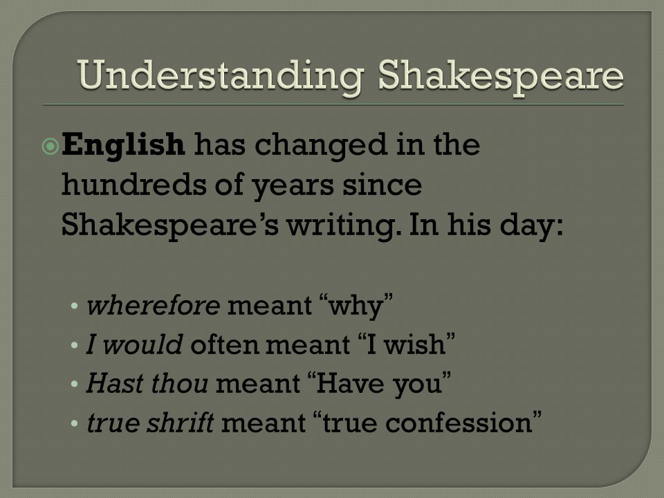 English has changed in the hundreds of years since Shakespeare’s writing.
