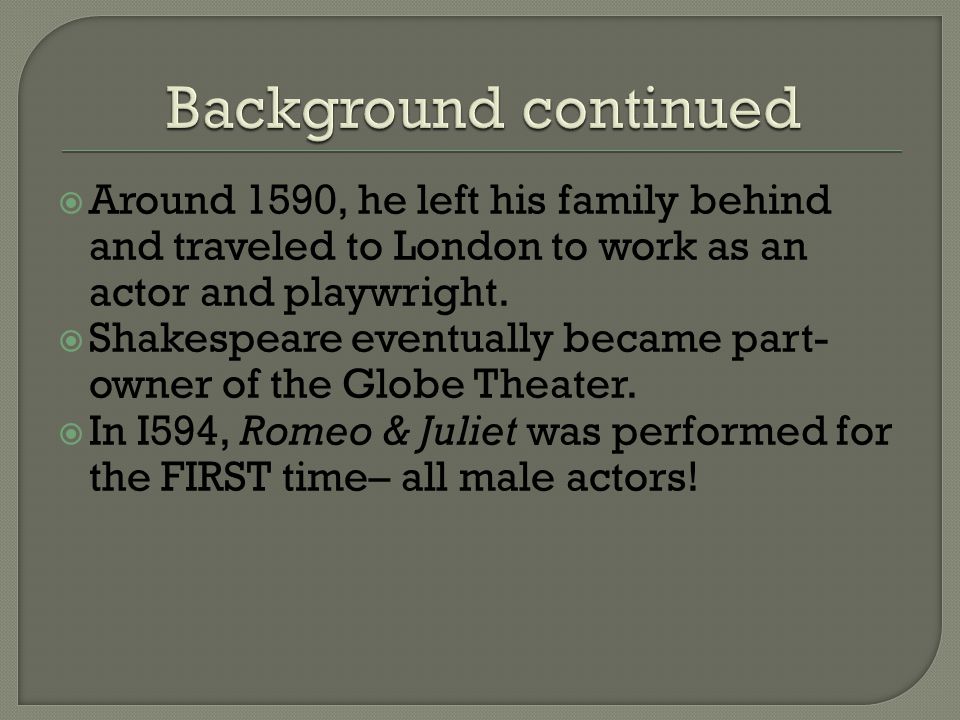  Around 1590, he left his family behind and traveled to London to work as an actor and playwright.