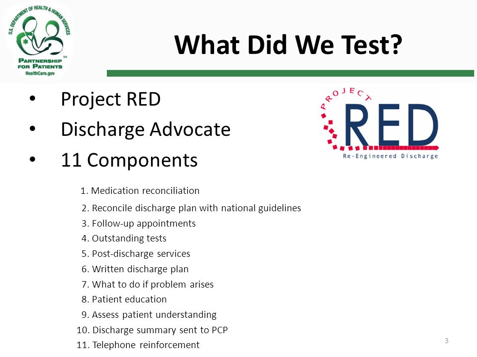 What Did We Test. Project RED Discharge Advocate 11 Components 1.