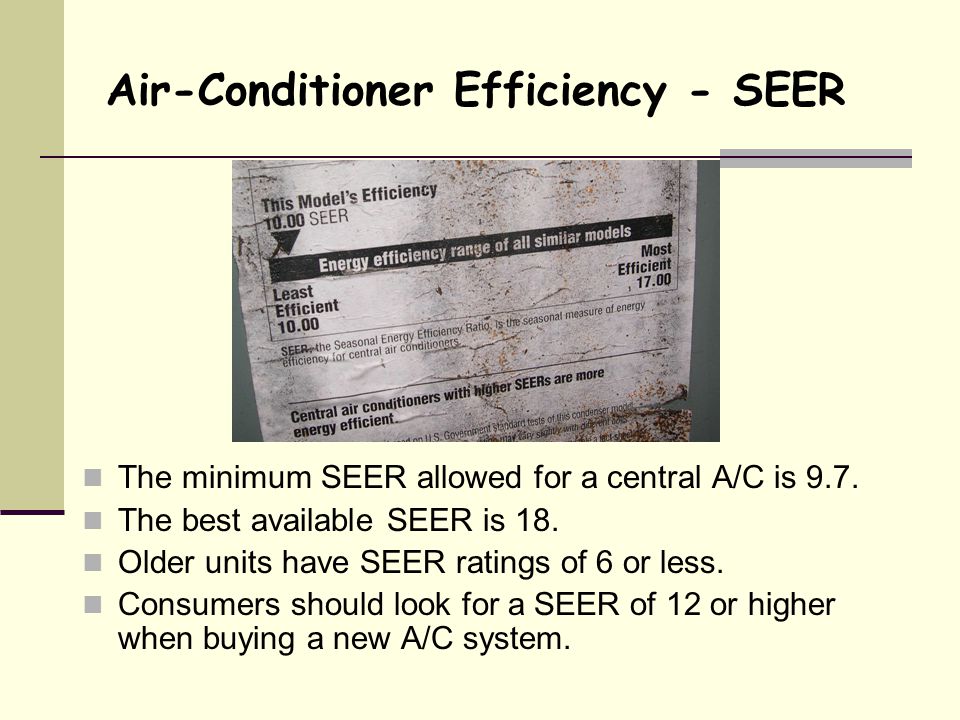 Air-Conditioner Efficiency - SEER The minimum SEER allowed for a central A/C is 9.7.