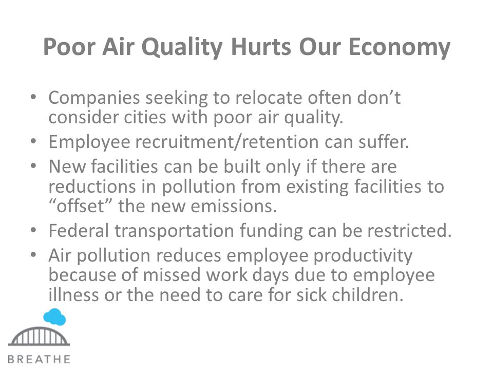 Poor Air Quality Hurts Our Economy Companies seeking to relocate often don’t consider cities with poor air quality.