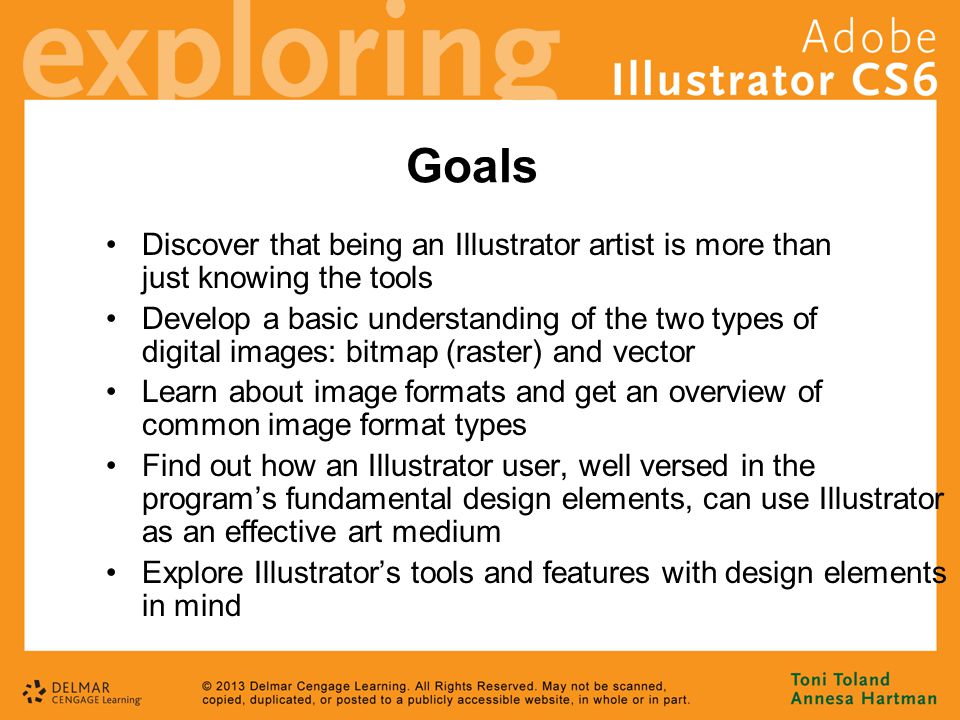 Goals Discover that being an Illustrator artist is more than just knowing the tools Develop a basic understanding of the two types of digital images: bitmap (raster) and vector Learn about image formats and get an overview of common image format types Find out how an Illustrator user, well versed in the program’s fundamental design elements, can use Illustrator as an effective art medium Explore Illustrator’s tools and features with design elements in mind