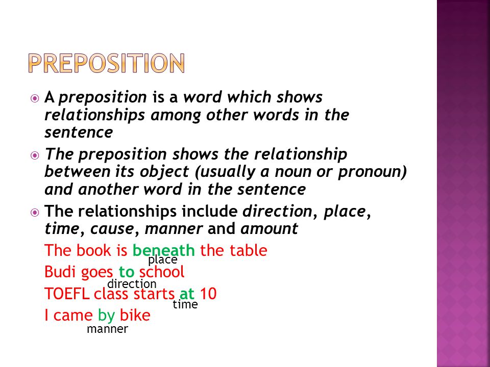  A preposition is a word which shows relationships among other words in the sentence  The preposition shows the relationship between its object (usually a noun or pronoun) and another word in the sentence  The relationships include direction, place, time, cause, manner and amount The book is beneath the table Budi goes to school TOEFL class starts at 10 I came by bike place direction time manner