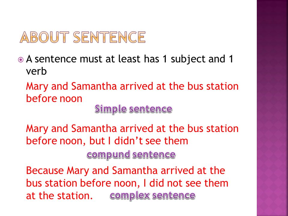  A sentence must at least has 1 subject and 1 verb Mary and Samantha arrived at the bus station before noon Mary and Samantha arrived at the bus station before noon, but I didn’t see them Because Mary and Samantha arrived at the bus station before noon, I did not see them at the station.