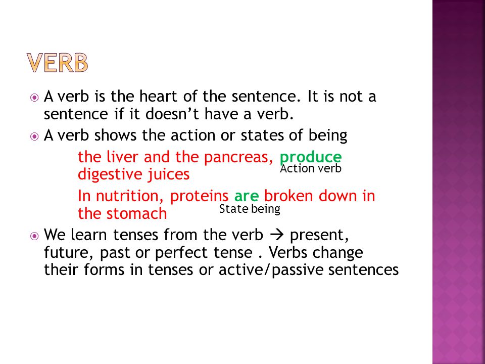  A verb is the heart of the sentence. It is not a sentence if it doesn’t have a verb.