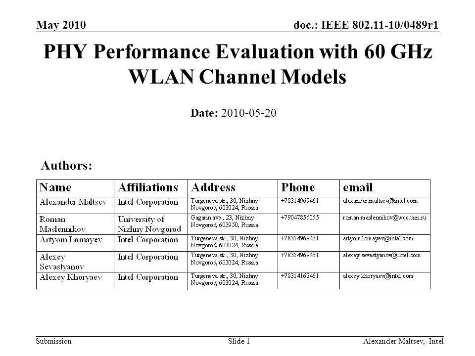 doc.: IEEE /0489r1 Submission May 2010 Alexander Maltsev, IntelSlide 1 PHY Performance Evaluation with 60 GHz WLAN Channel Models Date: Authors: