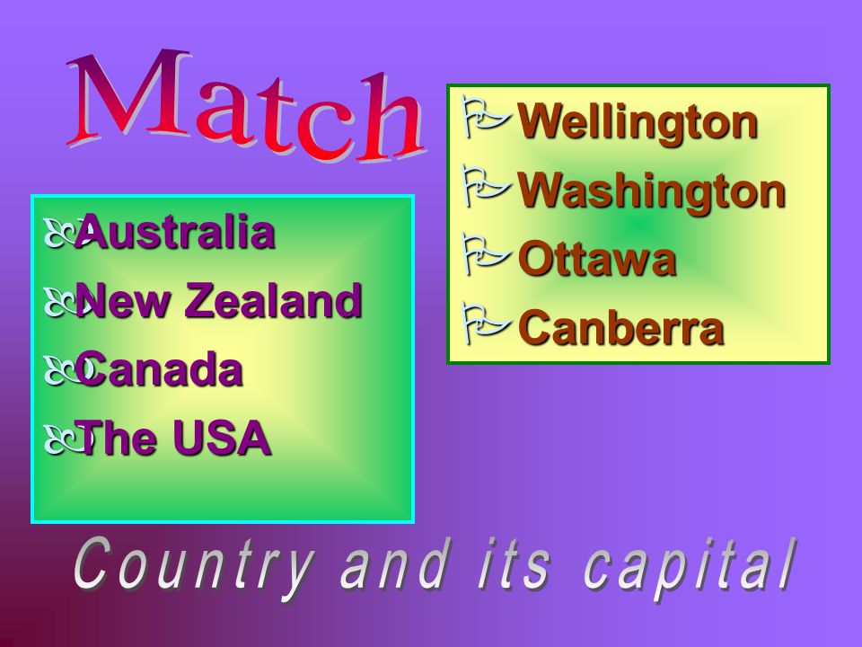 Australia New Zealand Canada The USA WWWWellington WWWWashington OOOOttawa CCCCanberra