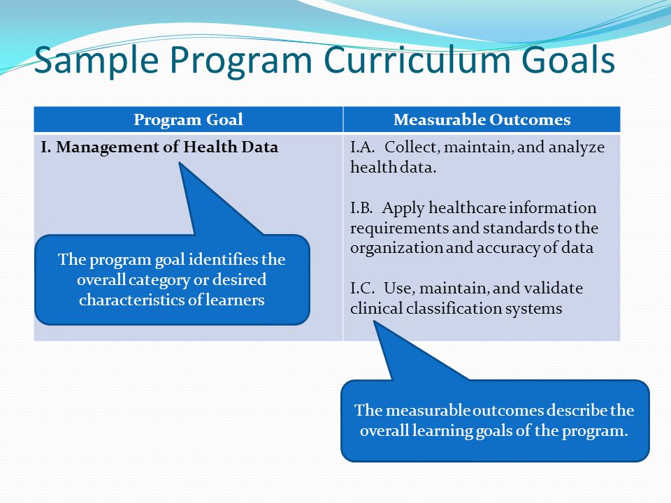 Sample Program Curriculum Goals Program GoalMeasurable Outcomes I.