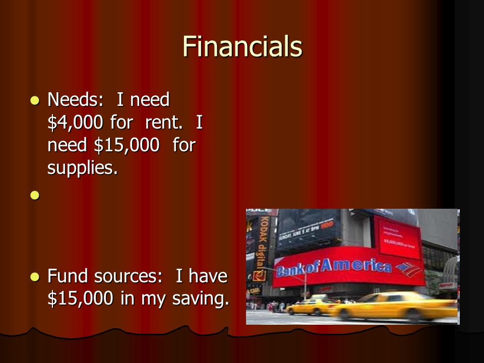 Financials Needs: I need $4,000 for rent. I need $15,000 for supplies.